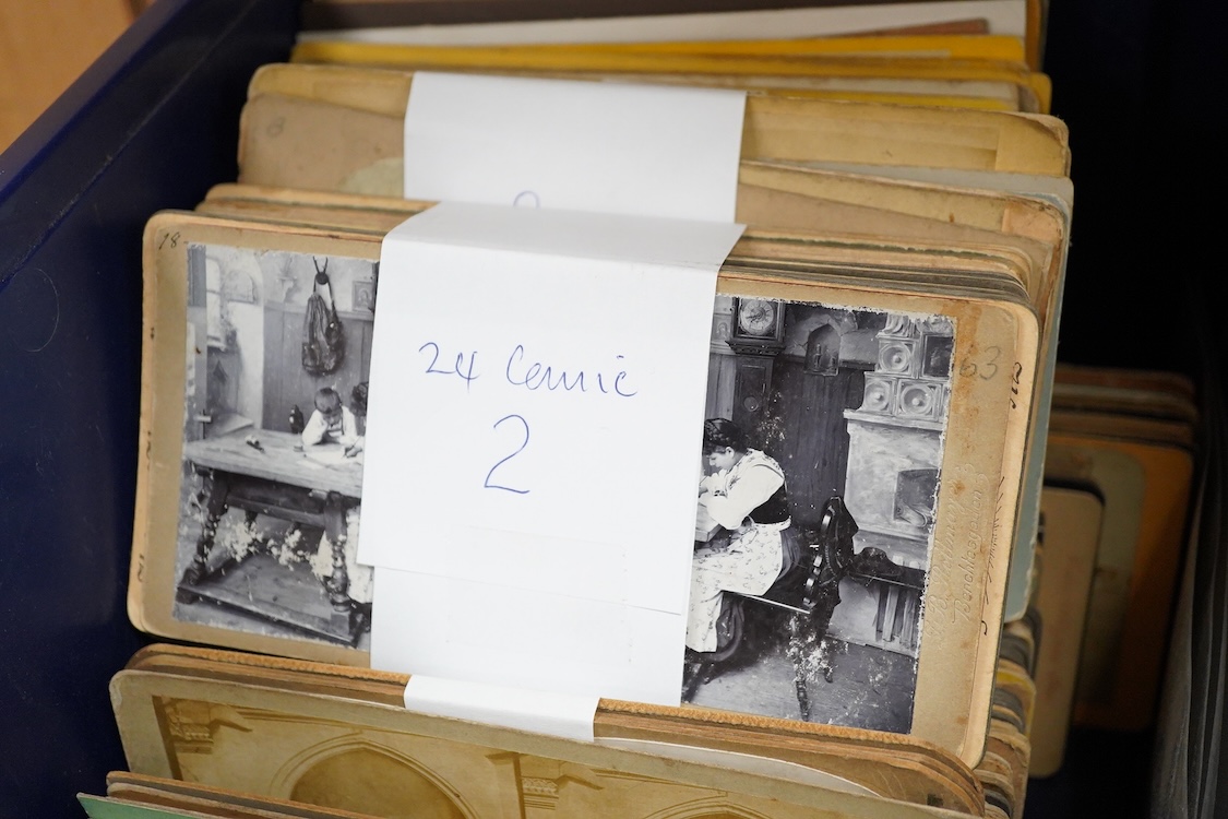 A collection of over 300 late 19th and early 20th century stereoscopic cards, including a fitted mahogany case containing 30 glass examples, the themes include; scenic views, sculptures and statues, buildings, Windsor, p